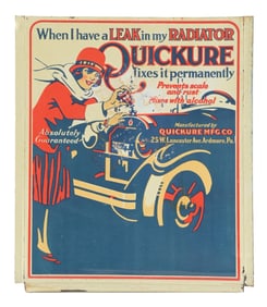 QUICKURE RADIATOR LEAK CURE TIN STORE DISPLAY SIGN W/ CAR & WOMAN GRAPHIC.