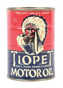 TIOPET MOTOR OIL 1 QUART CAN W/ NATIVE AMERICAN GRAPHIC.