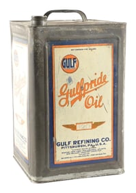 GULF GULFPRIDE MOTOR OILS FIVE GALLON OIL CAN.