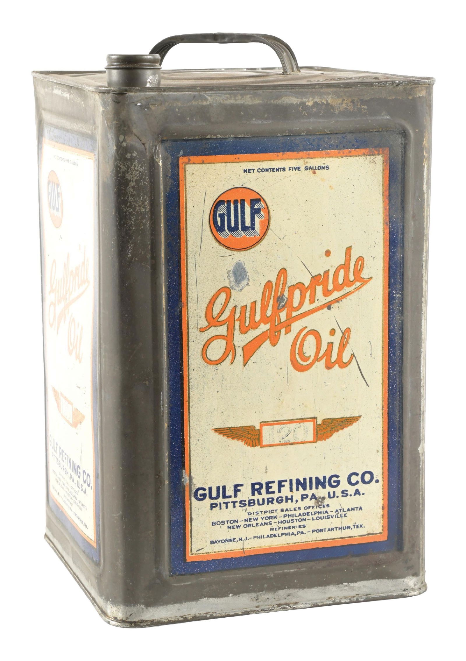 GULF GULFPRIDE MOTOR OILS FIVE GALLON OIL CAN. (1 of 4)