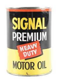 SIGNAL PREMIUM HEAVY DUTY MOTOR OIL ONE QUART CAN W/ BLACK STOPLIGHT GRAPHIC.