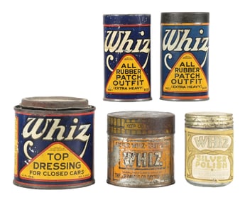 COLLECTION OF 5: WHIZ AUTOMOTIVE PRODUCT TINS.
