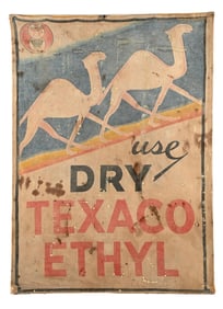 USE DRY TEXACO ETHYL CLOTH SERVICE STATION BANNER.