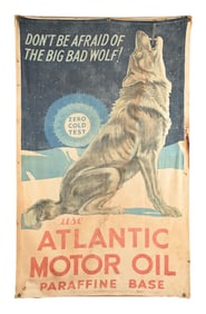 ATLANTIC MOTOR OIL CLOTH SERVICE STATION BANNER W/ WOOF GRAPHIC.