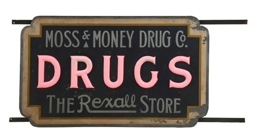 RARE MOSS & MONEY DRUGS RIPPLE LIGHT UP TIN & MILK GLASS COMPLETE SIGN.
