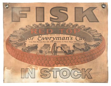 FISK RED CAR TIRES CARDSTOCK SIGN W/ CAR GRAPHICS.