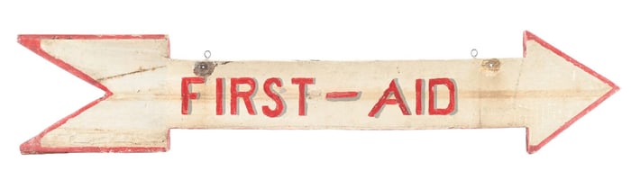 FIRST AID HAND PAINTED WOOD ARROW SIGN.