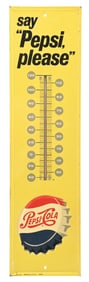 PEPSI COLA "SAY PEPSI PLEASE" EMBOSSED TIN THERMOMETER.