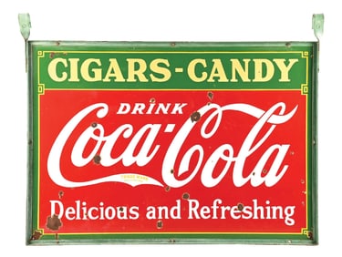 DRINK COCA COLA CIGARS & CANDY PORCELAIN SIGN W/ ORIGINAL METAL FRAME.
