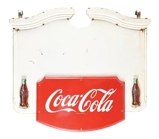 COCA COLA COMPLETE PORCELAIN SIGN W/ FIGURAL BOTTLES & MARQUEE TOP.