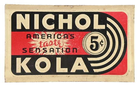 NICHOL KOLA 5¢ EMBOSSED TIN SODA POP SIGN.