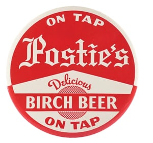 POSTIES DELICIOUS BIRCH BEER ON TAP CELLULOID SIGN.