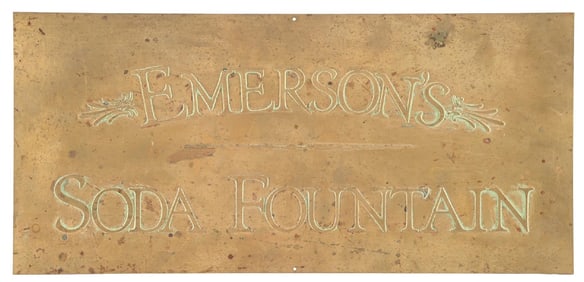 EMERSON'S SODA FOUNTAIN STAMPED BRASS STORE DISPLAY SIGN.