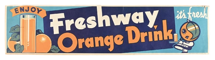 ENJOY FRESHWAY ORANGE DRINK SODA POP SIGN W/ ORANGE GRAPHIC.