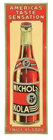 NICHOL KOLA EMBOSSED TIN SIGN W/ BOTTLE GRAPHIC.
