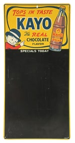 KAYO CHOCOLATE DRINK TIN MENU BOARD SIGN W/ BOTTLE GRAPHIC.