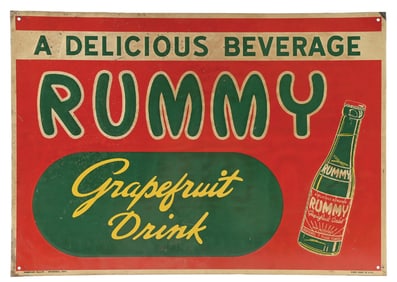 RUMMY GRAPEFRUIT DRINK EMBOSSED TIN SIGN W/ BOTTLE GRAPHIC.