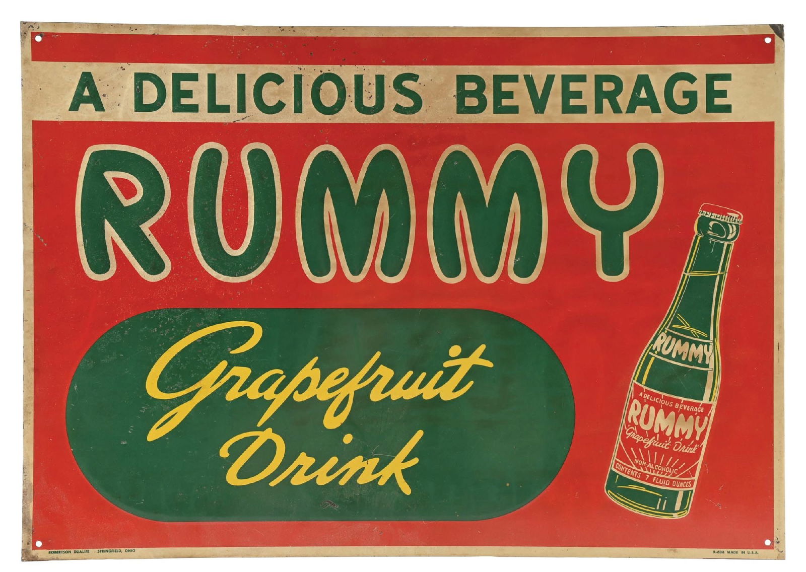 RUMMY GRAPEFRUIT DRINK EMBOSSED TIN SIGN W/ BOTTLE GRAPHIC. (1 of 4)