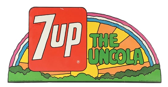 7UP THE UNCOLA TIN MARQUEE SIGN W/ FLANGE BASE.