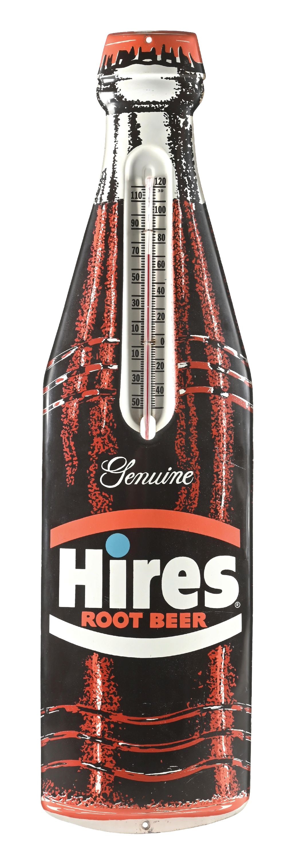 GENUINE HIRES ROOT BEER TIN BOTTLE THERMOMETER. (1 of 2)