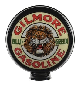GILMORE BLUE GREEN GASOLINE COMPLETE 15" REPRODUCTION GLOBE ON METAL HIGH PROFILE BODY.