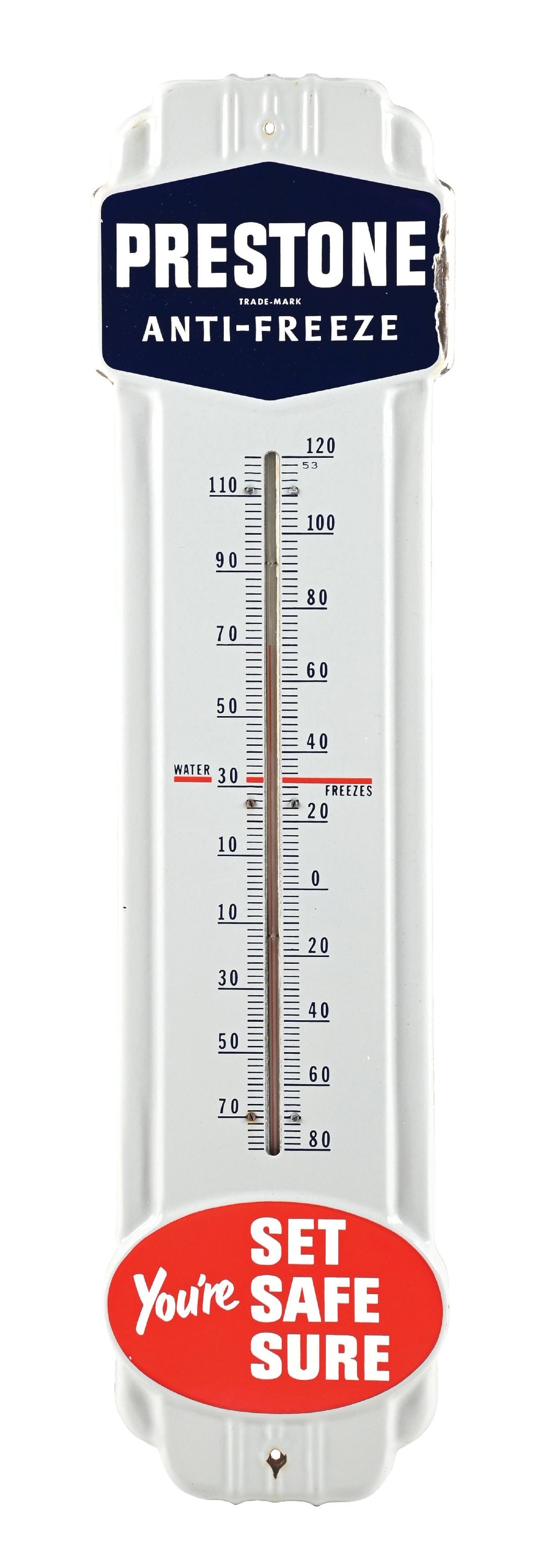 PRESTONE ANTI FREEZE EMBOSSED PORCELAIN THERMOMETER. (1 of 2)