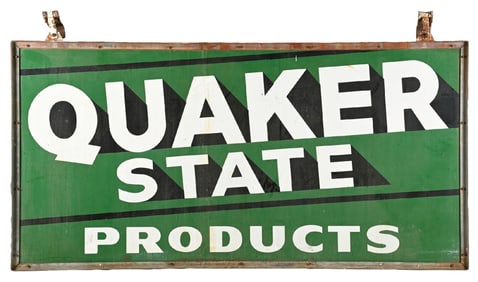 RARE QUAKER STATE PRODUCTS PORCELAIN SIGN W/ ORIGINAL METAL FRAME.