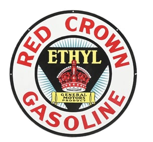 RARE RED CROWN ETHYL GASOLINE PORCELAIN SIGN W/ GENERAL MOTORS SCROLL.