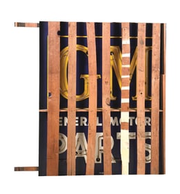 OUTSTANDING GENERAL MOTORS PARTS COMPLETE PORCELAIN NEON SIGN IN ORIGINAL SHIPPING CRATE.