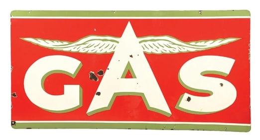 ASSOCIATED FLYING A GAS PORCELAIN SIGN W/ CHICKENWING GRAPHIC.