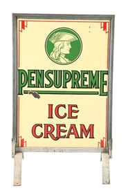 PENSUPREME ICE CREAM PORCELAIN SIGN W/ ORIGINAL SIDEWALK STAND.