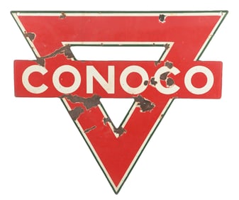 CONOCO GASOLINE DIE CUT PORCELAIN "MINI" TRIANGLE SIGN.