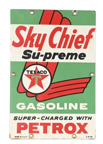 TEXACO SKY CHIEF SU-PREME GASOLINE "MINI" PORCELAIN PUMP PLATE SIGN.