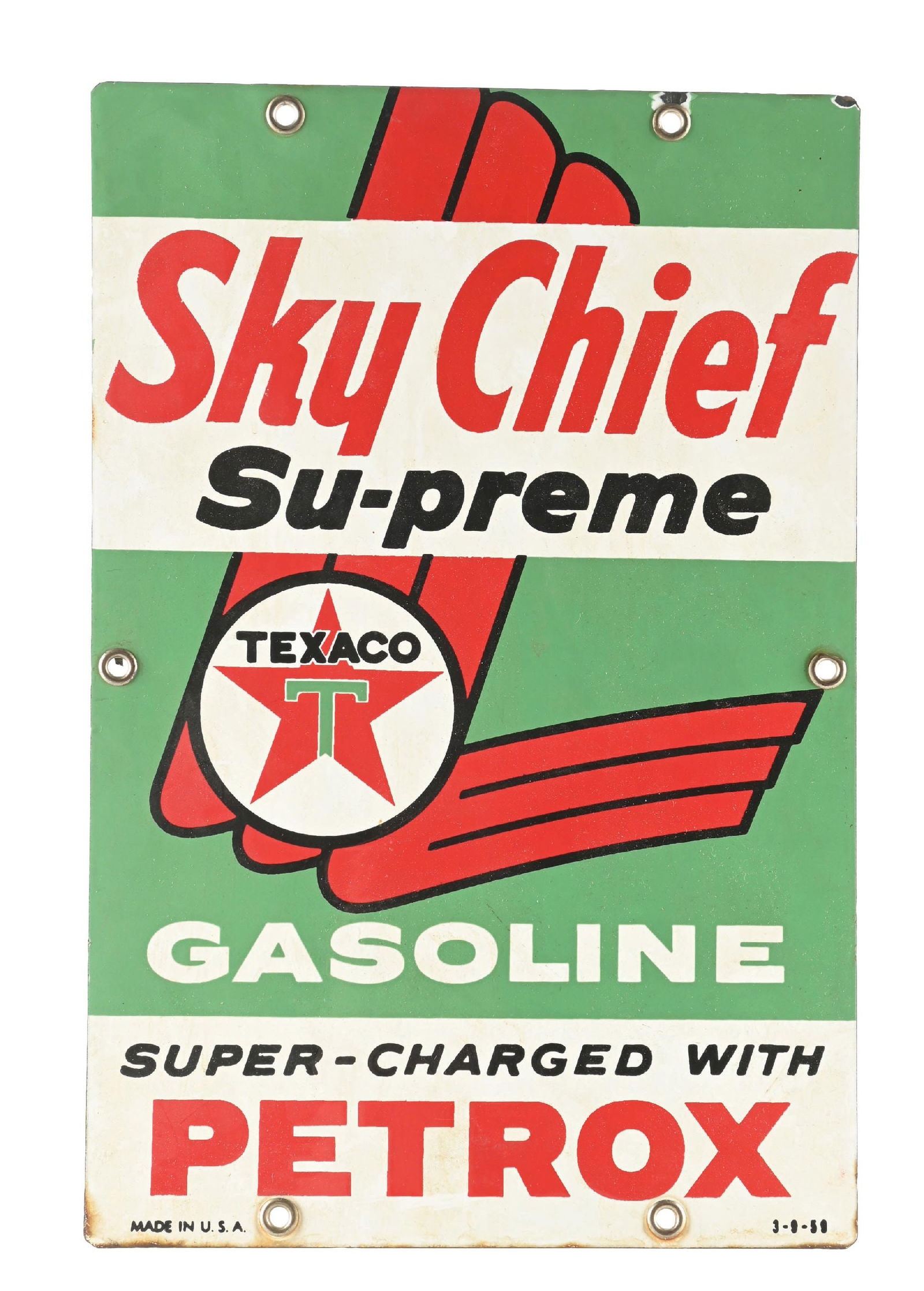 TEXACO SKY CHIEF SU-PREME GASOLINE "MINI" PORCELAIN PUMP PLATE SIGN. (1 of 4)