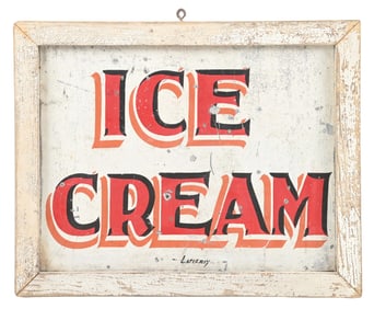 ICE CREAM HAND PAINTED TIN SIGN W/ ORIGINAL WOOD FRAME.