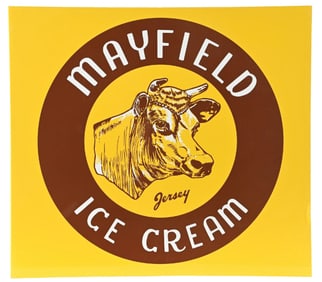 MAYFIELD ICE CREAM N.O.S. TIN FLANGE SIGN W/ COW GRAPHIC