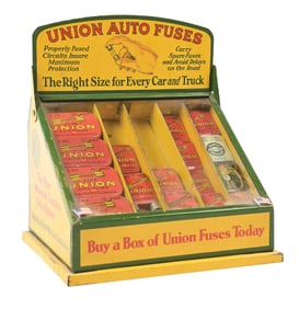 UNION AUTO FUSES GLASS FACE STORE DISPLAY W/ MARQUEE.