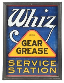 WHIZ GEAR GREECE SERVICE STATION TIN SIGN W/ WOOD FRAME.