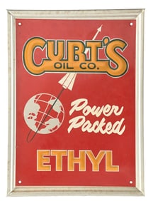 CURT'S OIL COMPANY POWER BACKED ETHYL GASOLINE EMBOSSED TIN PUMP PLATE SIGN.