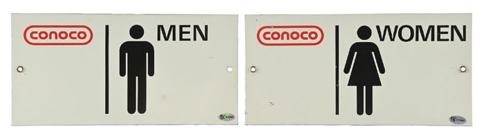 CONOCO MEN & WOMEN TIN SERVICE STATION RESTROOM SIGNS.