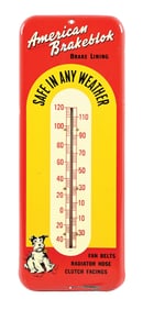 AMERICAN BRAKEBLOK BRAKE LINING TIN SERVICE STATION THERMOMETER.