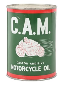 INDIAN MOTORCYCLE C.A.M. MOTOR OIL 1 QUART CAN W/ MOTORCYCLE GRAPHIC.