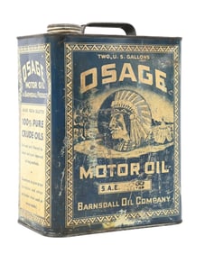 RARE OSAGE MOTOR OIL 2 GALLON CAN W/ NATIVE AMERICAN GRAPHIC.