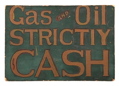 GAS & OIL STRICTLY CASH HAND PAINTED PRESSED CARDBOARD SIGN.