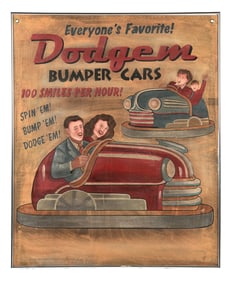 DODGEM BUMPER CARS FRAMED HAND PAINTED CARNIVAL BANNER.