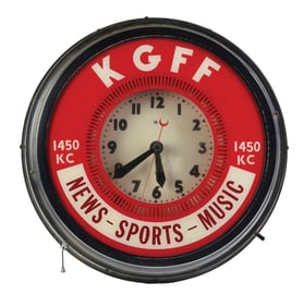 KGFF RADIO NEON ADVERTISING CLOCK W/ SPINNER.