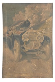 C. 1910 OLDSMOBILE DEALERSHIP CANVAS OLEOGRAPH BY W.M. FOSTER.