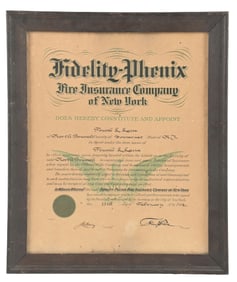 FIDELITY PHENIX FIRE INSURANCE 1914 FRAMED APPOINTMENT POSTER.