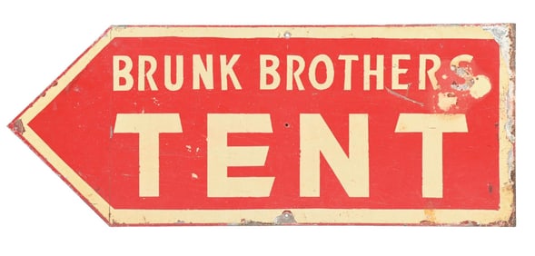 BRUNK BROTHERS TENT MENNONITE REVIVAL CHURCH PAINTED METAL ARROW SIGN.