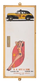 H.B. GETZ & SONS YELLOW CAB ADVERTISING MIRROR & THERMOMETER.